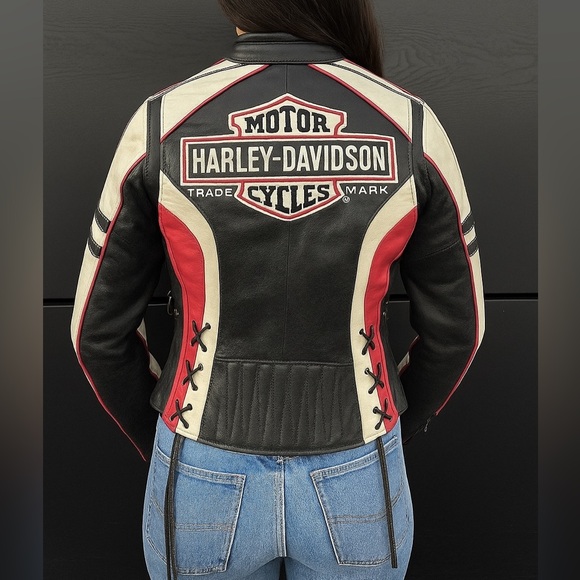 Harley-Davidson Women’s Ridgeway Black White and Pink Leather Jacket - XS